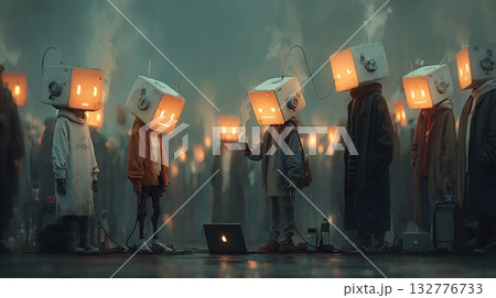 人々が抱く生成AIの抽象的なイメージ：ロボットのような人間がPCを操作している