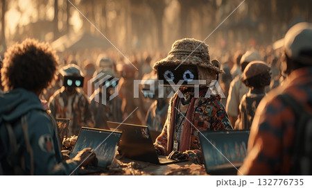 人々が抱く生成AIの抽象的なイメージ：ロボットのような人間がPCを操作している