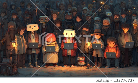 人々が抱く生成AIの抽象的なイメージ：ロボットのような人間がPCを操作している