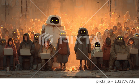 人々が抱く生成AIの抽象的なイメージ：ロボットのような人間がPCを操作している