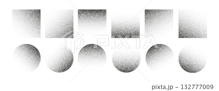 Abstract gradient set with square and round shapes, grain and noise texture. Stipple pattern, halftone effect, and grunge dust elements. Modern geometric vector design in black and white retro style 132777009
