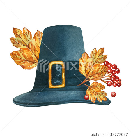 Pilgrim's hat with autumn yellow leaves and red viburnum berries. All objects are hand-painted in watercolor. The illustration is perfect for printing on Thanksgiving cards. High quality illustration 132777057