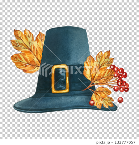 Pilgrim's hat with autumn yellow leaves and red viburnum berries. All objects are hand-painted in watercolor. The illustration is perfect for printing on Thanksgiving cards. High quality illustration 132777057