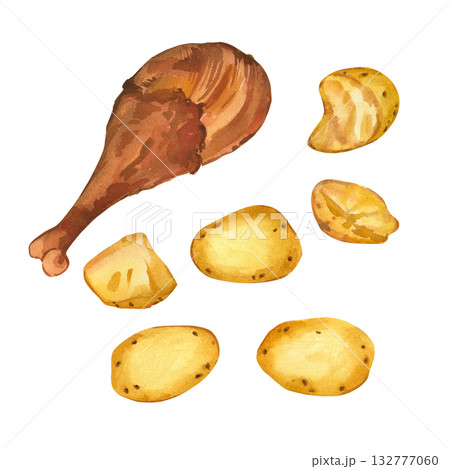 Baked turkey leg and boiled yellow potatoes hand-painted in watercolor. Watercolor Thanksgiving Illustration Set, Printable on Food Packaging, Restaurant Menus and Recipes. High quality illustration Baked turkey leg and boiled yellow potatoes hand-painted in watercolor. Watercolor Thanksgiving Illustration Set, Printable on Food Packaging, Restaurant Menus and Recipes. High quality illustration 132777060