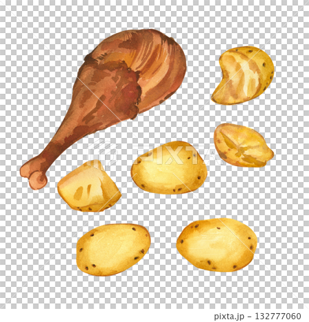 Baked turkey leg and boiled yellow potatoes hand-painted in watercolor. Watercolor Thanksgiving Illustration Set, Printable on Food Packaging, Restaurant Menus and Recipes. High quality illustration Baked turkey leg and boiled yellow potatoes hand-painted in watercolor. Watercolor Thanksgiving Illustration Set, Printable on Food Packaging, Restaurant Menus and Recipes. High quality illustration 132777060