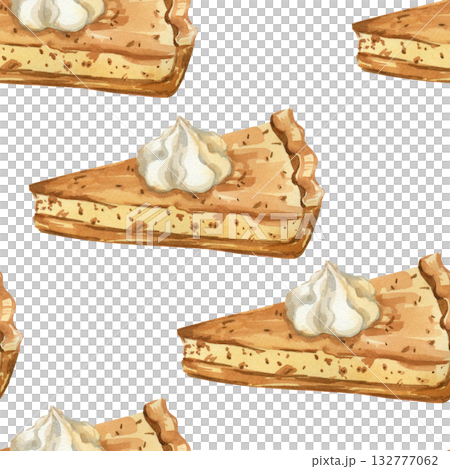 Seamless watercolor pattern from pastries, pumpkin pie. All objects are hand-painted in watercolor. Pumpkin Pie With Whipped Cream Suitable For Printing On Fabric, Paper, For Thanksgiving Design. Seamless watercolor pattern from pastries, pumpkin pie. All objects are hand-painted in watercolor. Pumpkin Pie With Whipped Cream Suitable For Printing On Fabric, Paper, For Thanksgiving Design. 132777062