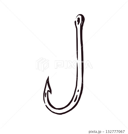 A fish hook made of metal, hand-drawn in ink and translated into a vector. Vector illustration for printing on fishing products, tackle, for printing in magazines and books. Vector illustration 132777067
