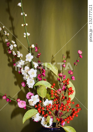 紅白の梅の生け花 132777121