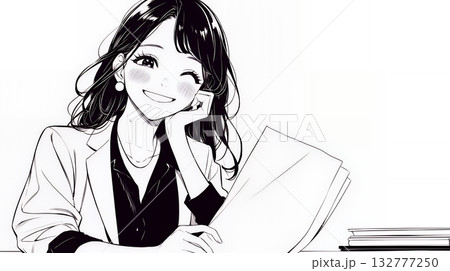 書類を確認するビジネスウーマン（シンプルな色使い）