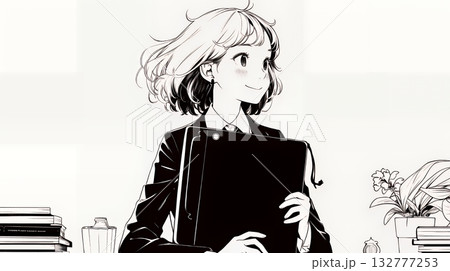 書類を確認するビジネスウーマン（シンプルな色使い）