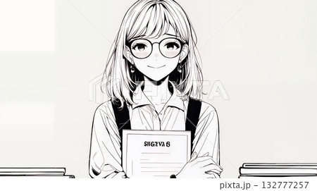 書類を確認するビジネスウーマン（シンプルな色使い）