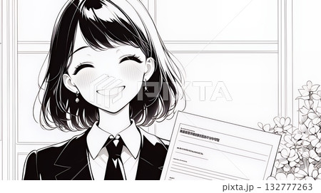 書類を確認するビジネスウーマン（シンプルな色使い）