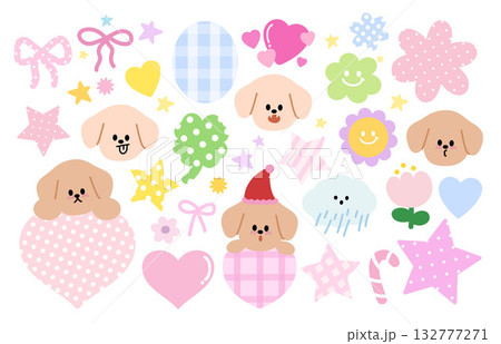 Cute vector illustrations of puppy expressions, candy cane, cloud and rain, flower, star, pink ribbon, heart, clover leaf for cartoon characters, comic, animal, pet shop, vet, emoji, mood, foster home 132777271