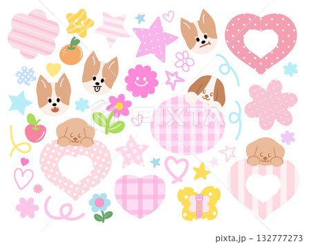 Cute vector illustrations of puppy expressions, flowers, stars, heart, butterfly, apple, orange, text bubbles for cartoon characters, comic, animals, pet shop, vet, emoji, mood, nature, garden, summer 132777273