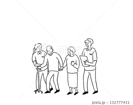 杖をついて歩く男性を支える介護士、看護師と家族、リハビリ、線画 132777431