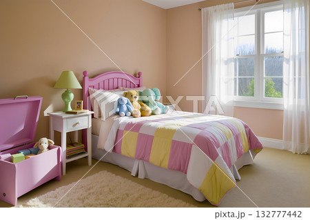 A bright and cozy children's bedroom for a girl in pink and pastel colors with toys and a large window. 132777442