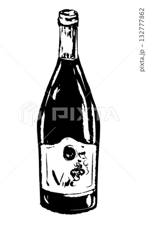 Wine bottle isolated on white background. Vector sketch, vintage. Hand drawn ink and brush. Quick drawing for menu, design, label. 132777862