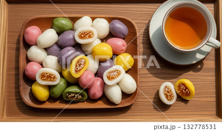 Colorful Korean Honey Rice Cakes with Tea on Wooden Tray 132778531
