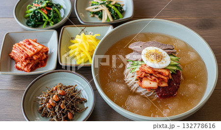 Korean Naengmyeon with Kimchi and Side Dishes 132778616