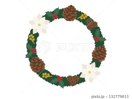 白いポインセチアがアクセントのクリスマスリースのベクターイラスト 132779013