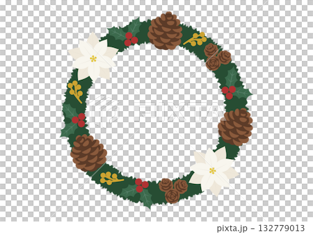 白いポインセチアがアクセントのクリスマスリースのベクターイラスト 132779013