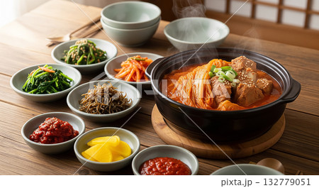 Korean Kimchi Stew with Side Dishes on Wooden Table 132779051