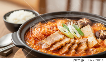 Korean Kimchi Hot Pot with Pork, Tofu, and Rice Korean Kimchi Hot Pot with Pork, Tofu, and Rice 132779054