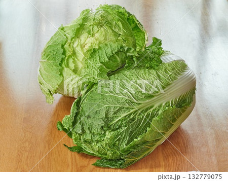 chinese cabbage on wooden background 132779075