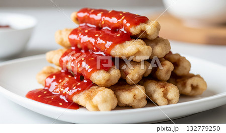 Sweet And Sour Pork With Red Sauce And Sesame Seeds 132779250