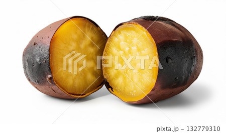 Roasted Sweet Potato Cut in Half on White Background Roasted Sweet Potato Cut in Half on White Background 132779310