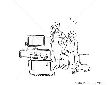 高齢者の自宅を訪問するヘルパーの女性、線画 132779405