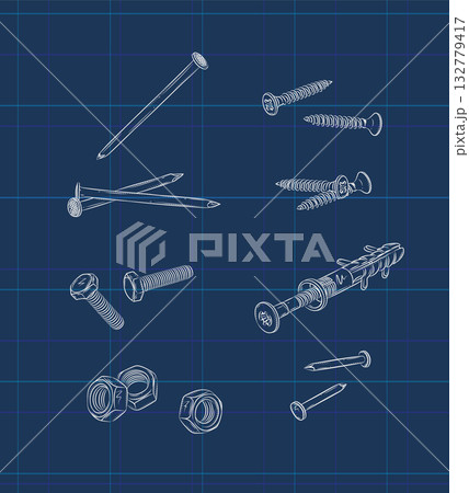 Screws, bolt, nut, wall plug and rivets set blue 132779417