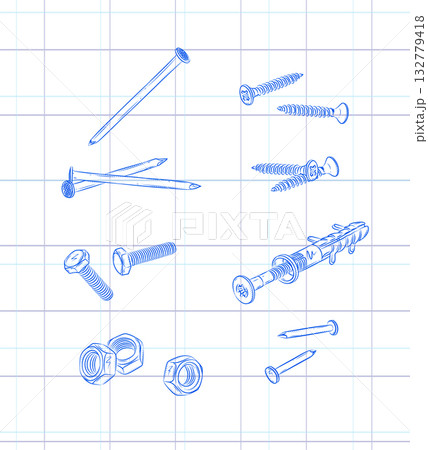 Screws, bolt, nut, wall plug and rivets set light 132779418