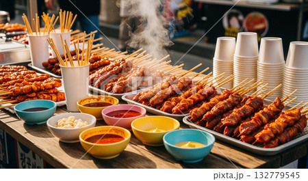 Korean Street Food Stall with Chicken Skewers and Sauces 132779545