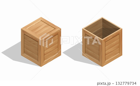 Wooden crates, open and closed. Isometric view isolated on a white background. Vector mockup. Wooden crates, open and closed. Isometric view isolated on a white background. Vector mockup. 132779734