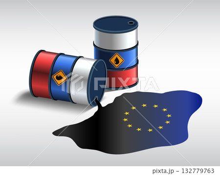 Russian crude oil from a barrel is poured Russian crude oil from a barrel is poured 132779763