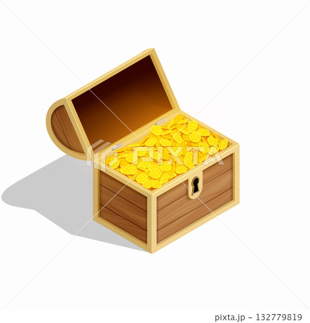 Open wooden chest with golden coins 132779819