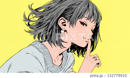 指を唇に当てて「シーShh」というジェスチャーをしている女性