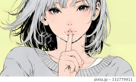 指を唇に当てて「シーShh」というジェスチャーをしている女性