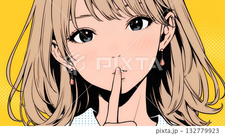 指を唇に当てて「シーShh」というジェスチャーをしている女性