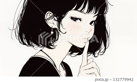 指を唇に当てて「シーShh」というジェスチャーをしている女性（シンプルな色使い）