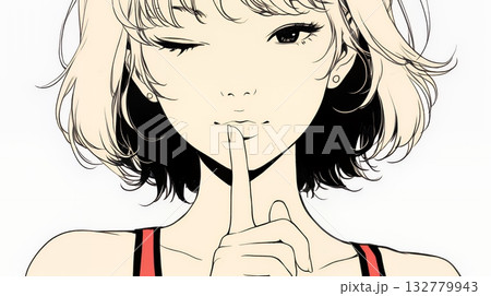 指を唇に当てて「シーShh」というジェスチャーをしている女性（シンプルな色使い）