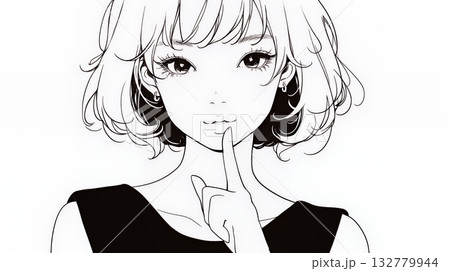 指を唇に当てて「シーShh」というジェスチャーをしている女性（シンプルな色使い）
