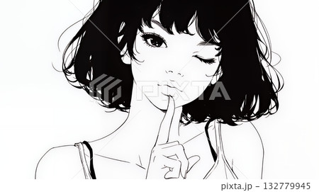 指を唇に当てて「シーShh」というジェスチャーをしている女性（シンプルな色使い） 132779945