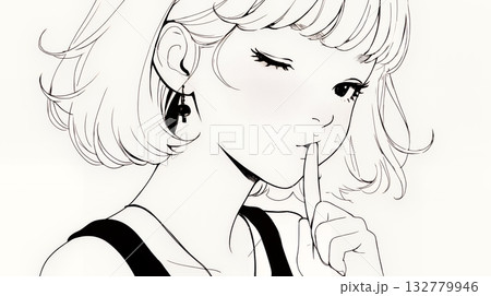 指を唇に当てて「シーShh」というジェスチャーをしている女性（シンプルな色使い）