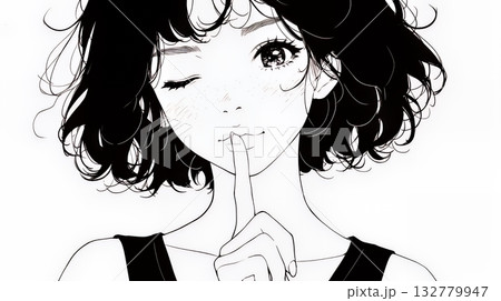指を唇に当てて「シーShh」というジェスチャーをしている女性（シンプルな色使い）