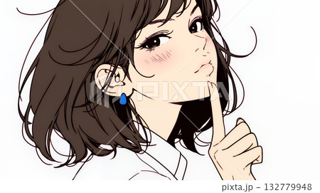 指を唇に当てて「シーShh」というジェスチャーをしている女性（シンプルな色使い）