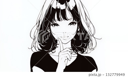 指を唇に当てて「シーShh」というジェスチャーをしている女性（シンプルな色使い）