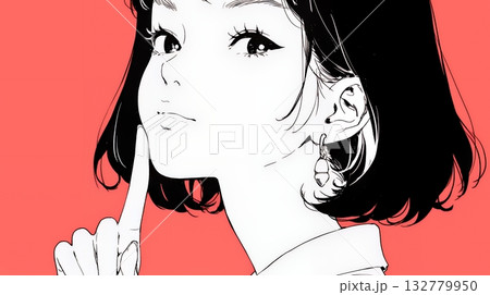 指を唇に当てて「シーShh」というジェスチャーをしている女性（シンプルな色使い）