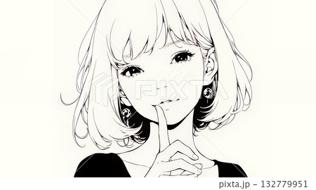 指を唇に当てて「シーShh」というジェスチャーをしている女性（シンプルな色使い）